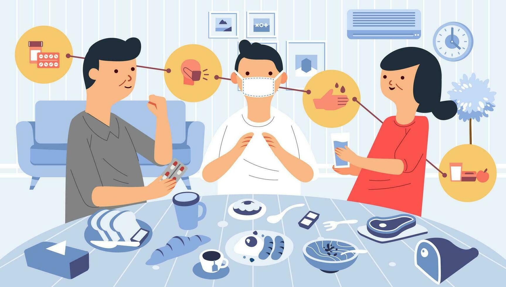 taking care of the sick at home with medicine, healthy food, washing hand, and wearing mask vector