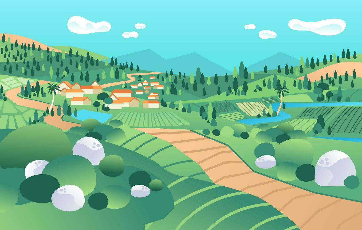 Landscape view in country side, with mountain, valley, houses, river, tree, rice field vector illustration