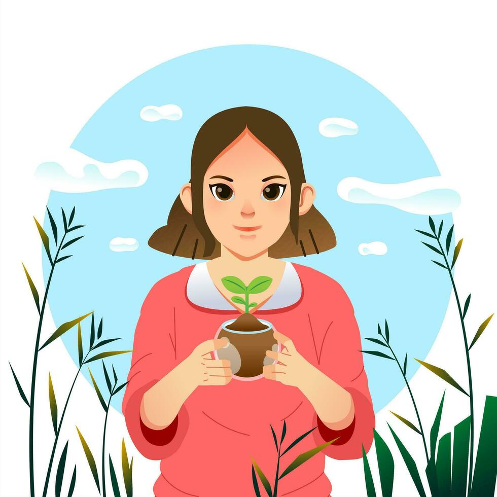 World Environment Earth Day. Young woman character holds handful soil with plant sprout seed. Sustainable lifestyle, green, ecological conversation, nature concept vector