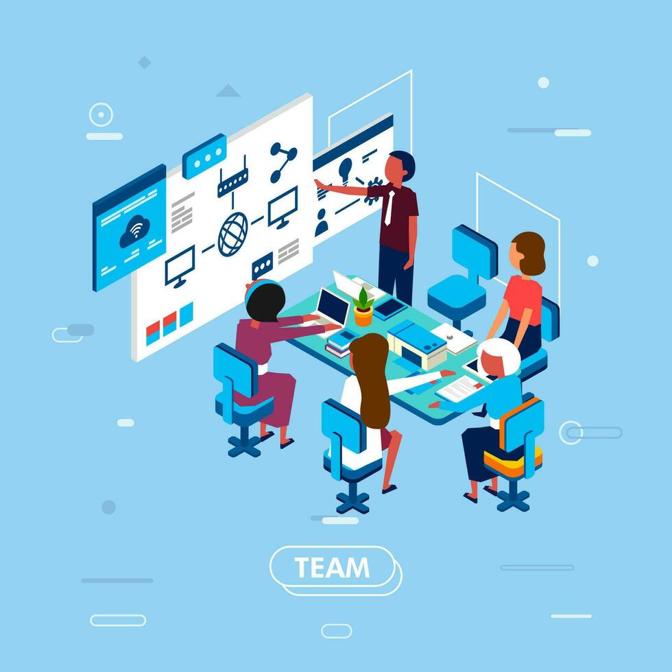 a teamwork meeting in meeting room, with man giving presentation on screen and the other working on desk, with laptop and paper-vector vector
