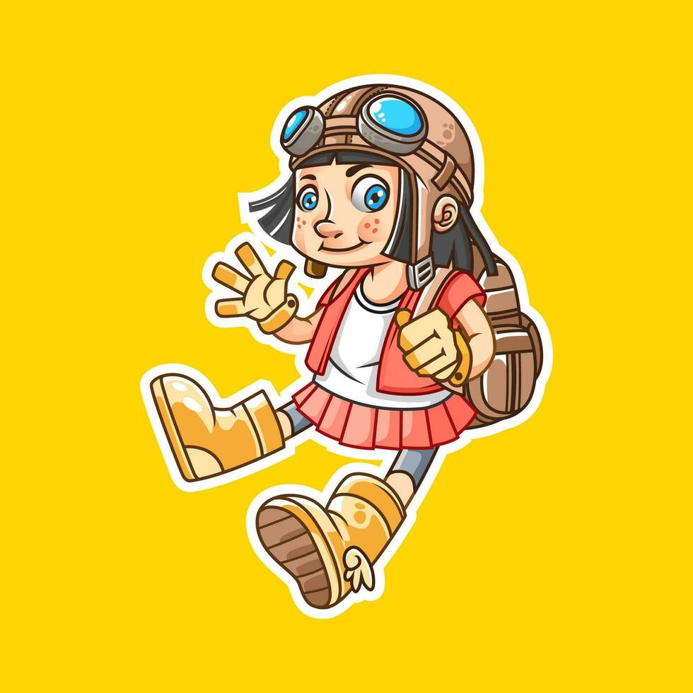 cute little girl explorer wearing goggles, glovec, boot, backpack wave character mascot cartoon illustration vector