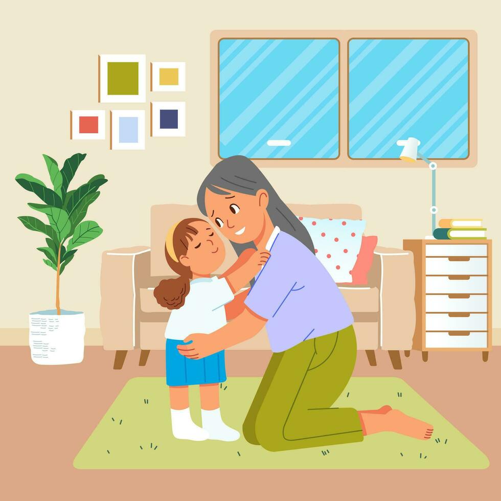 Happy mother and daughter hugging warmly in living room vector