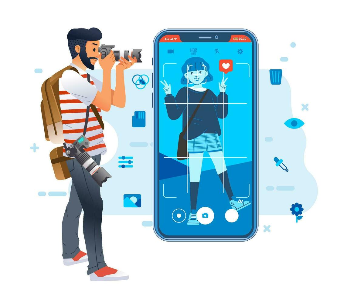 joven fotógrafo hombre tomando un imagen de joven de moda niña para social medios de comunicación imagen con icono alrededor y teléfono inteligente ilustración vector