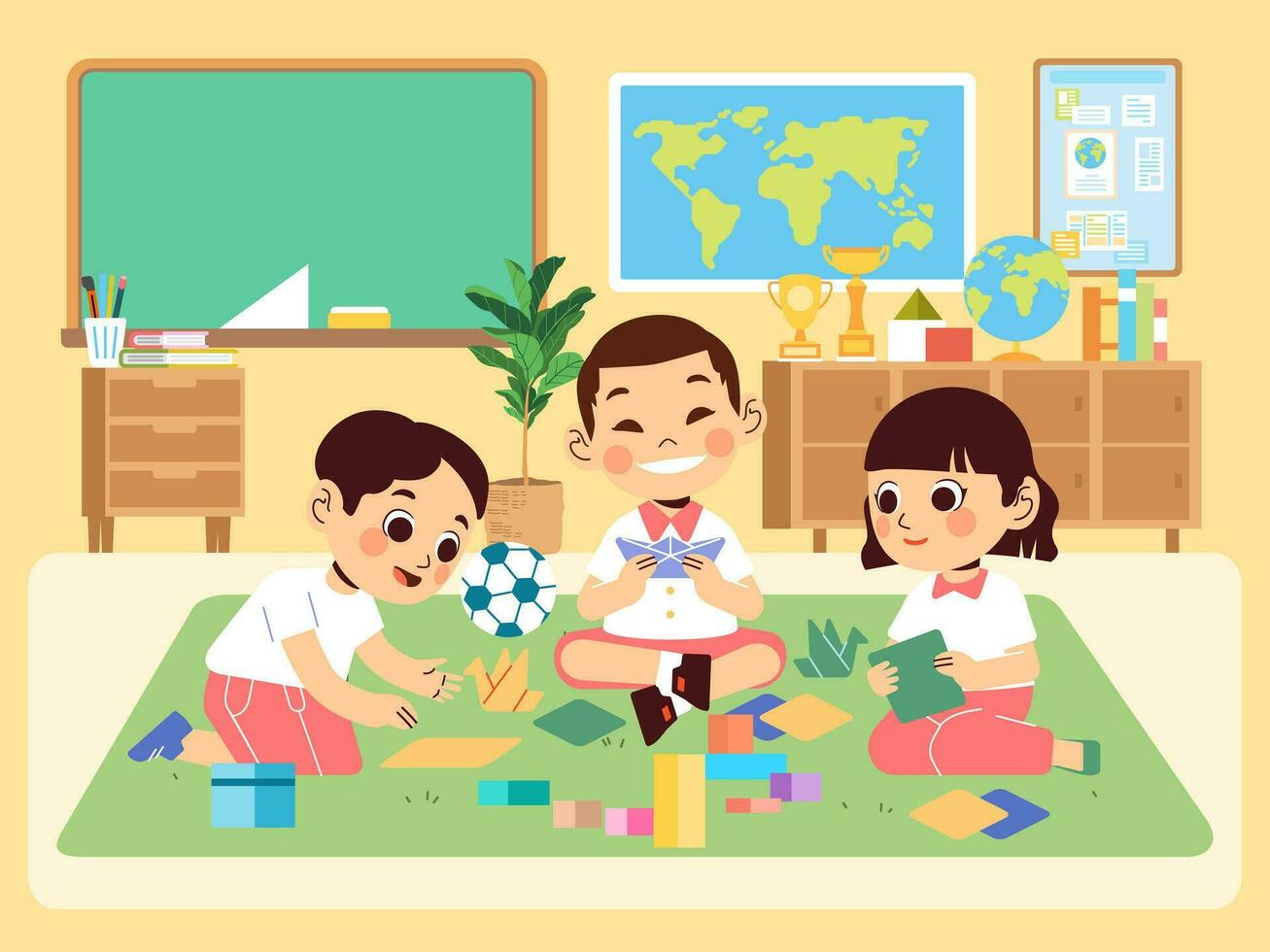 Kindergarten boy and girl playing learning to make origami in the classroom vector