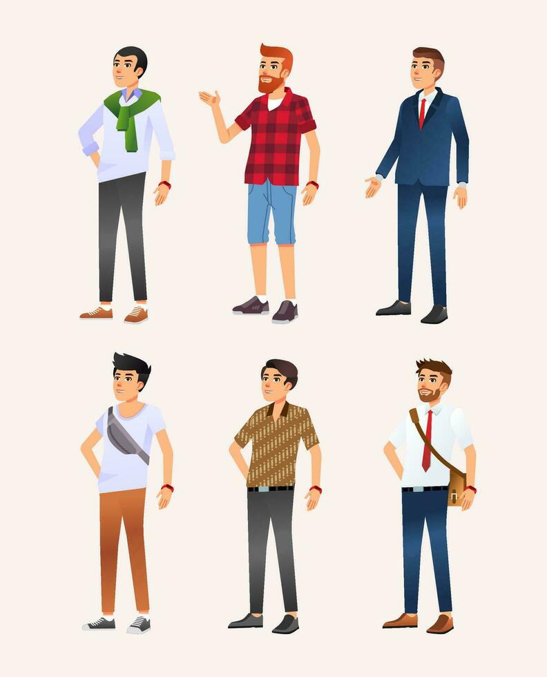 conjunto de seis personaje diseño ilustración de hombre con diferente estilo desde casual a formal vector