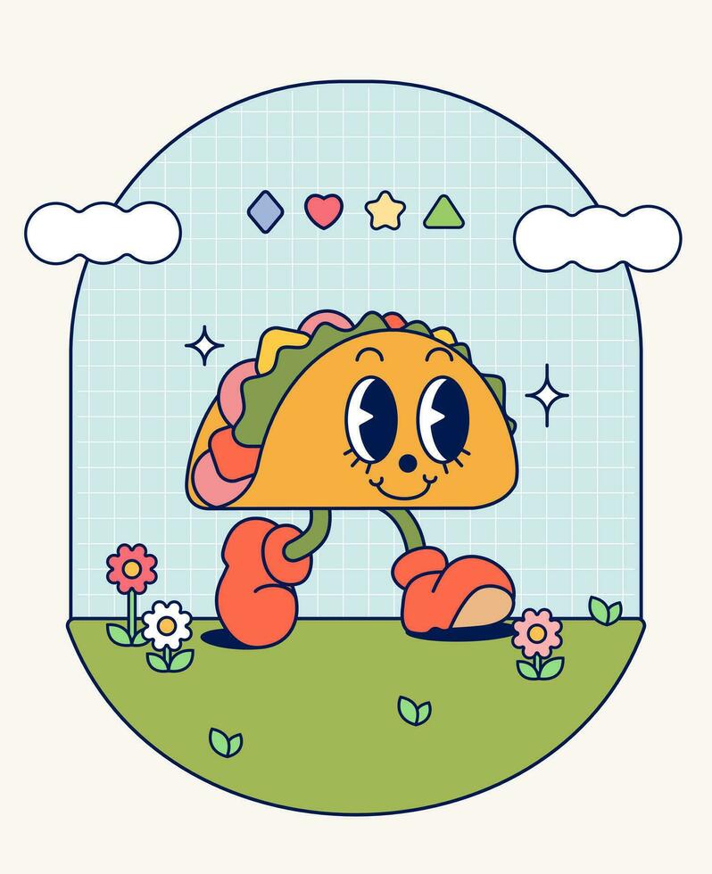 Hand draw Funny Retro vintage trendy style taco cartoon character Contemporary illustration Doodle Comic collection vector