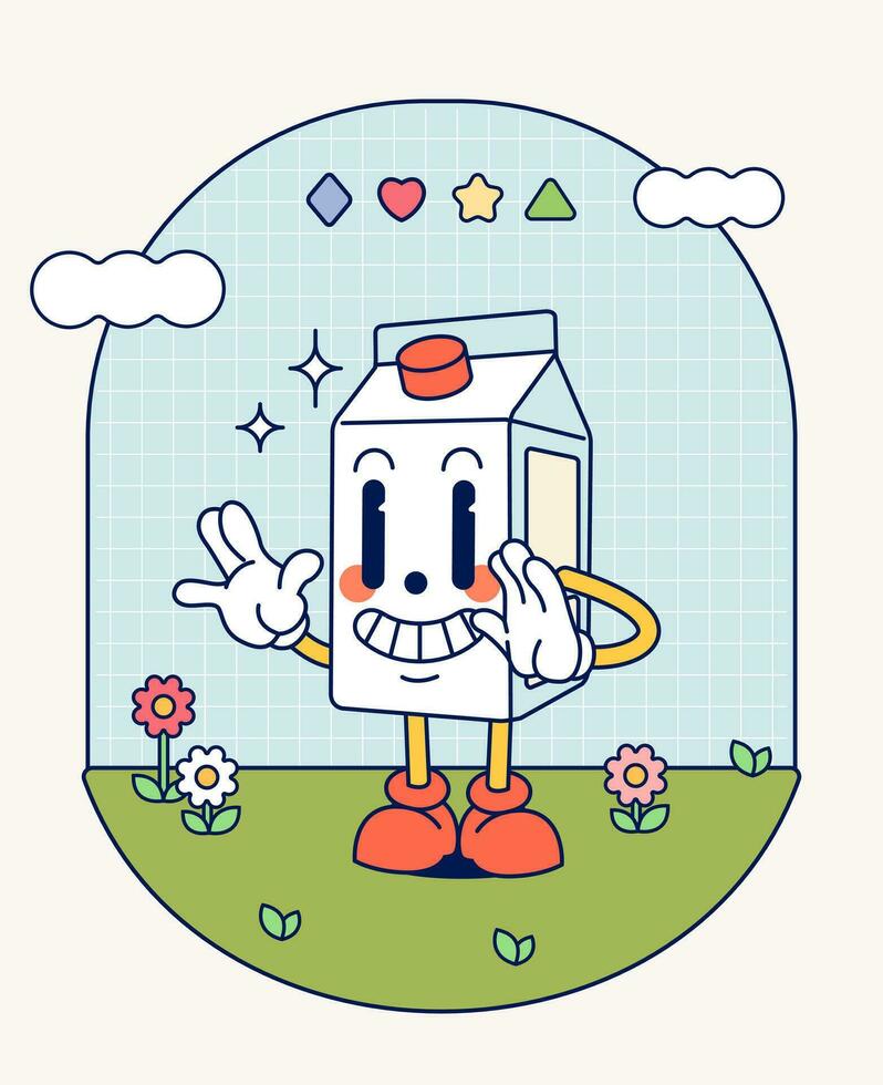 Hand draw Funny Retro vintage trendy style box milk cartoon character Contemporary illustration Doodle Comic collection vector