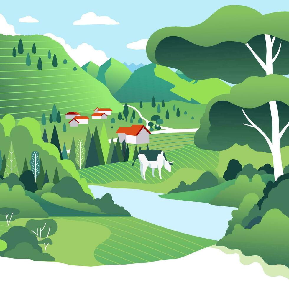 country side scenery with green field, houses, cows and blue sky. beautiful village surround by hills vector illustration