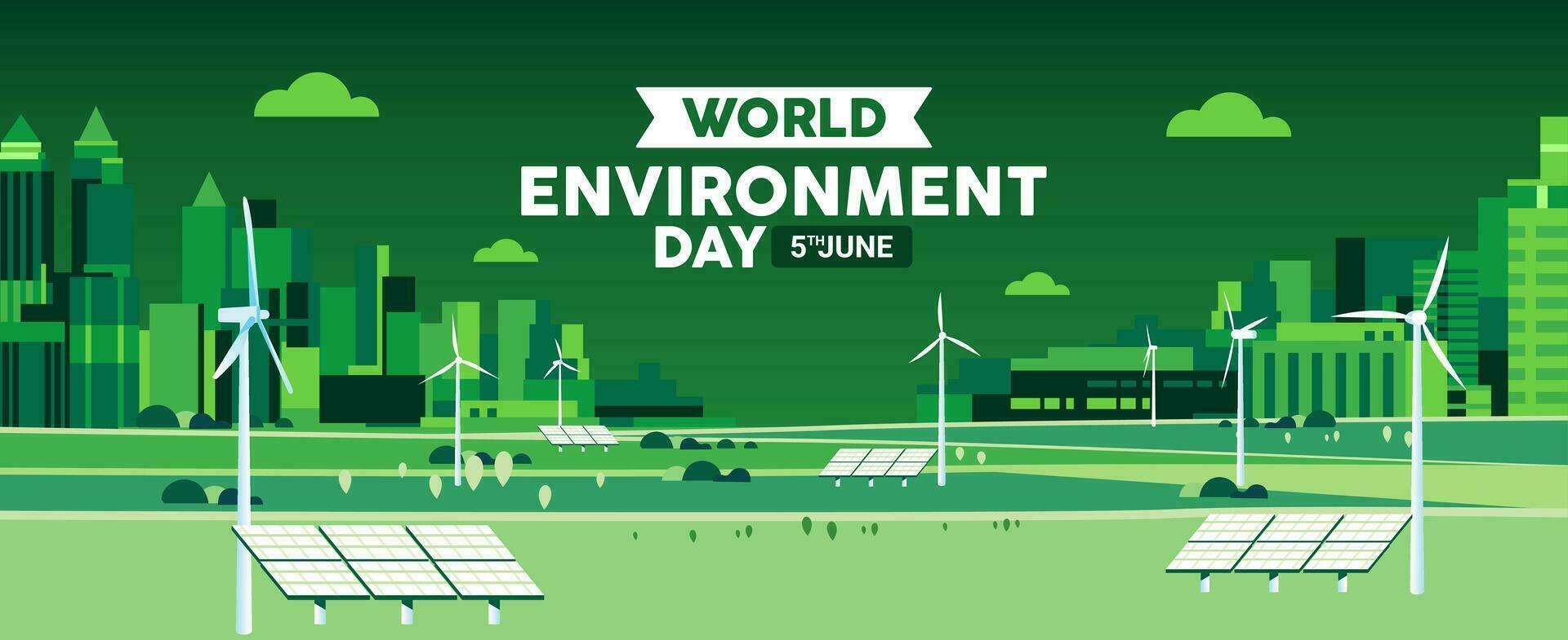 Word environment day Eco city Urban landscape of future town use alternative energy sources solar panel and windmills vector