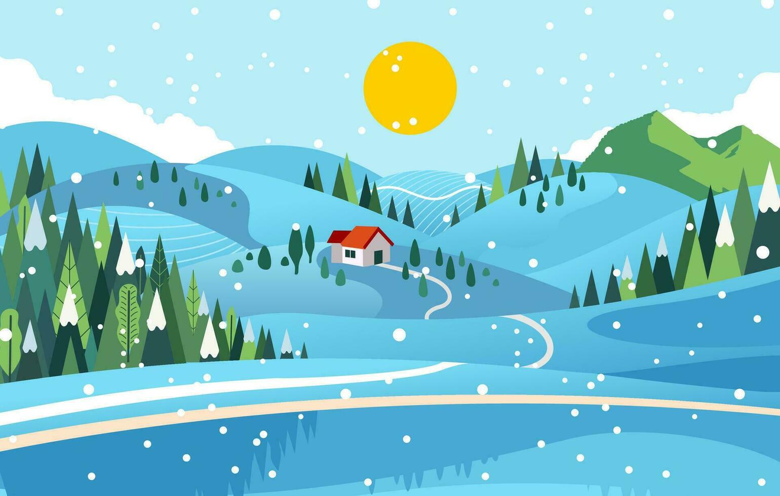 hill and forest in winter time, a house in the middle of tree and snowfall flat vector illustration