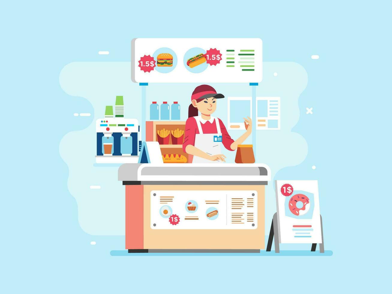 fast food small stand selling hamburger, hotdog, doughnout and beverage with woman character as cashier, wearing uniform and hat vector
