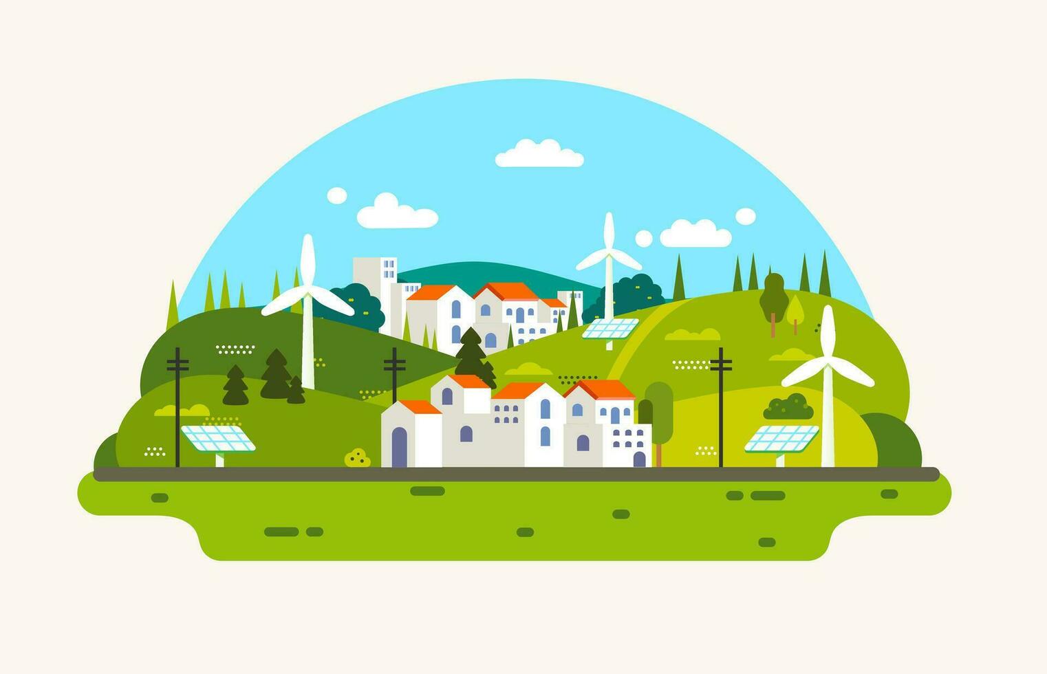 Word environment day Eco city. Urban landscape of future town use alternative energy sources solar panel and windmills vector