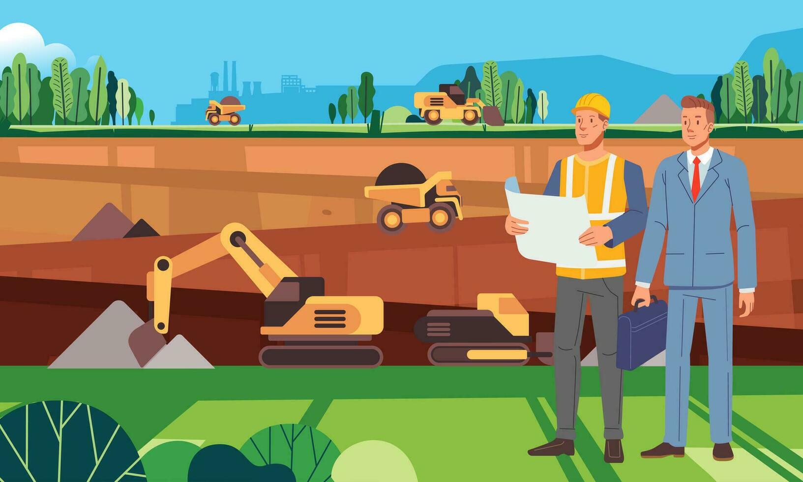 Two project officers worker and investor are controlling the situation at the mine on coal mine industry green environmentally friendly landscape vector