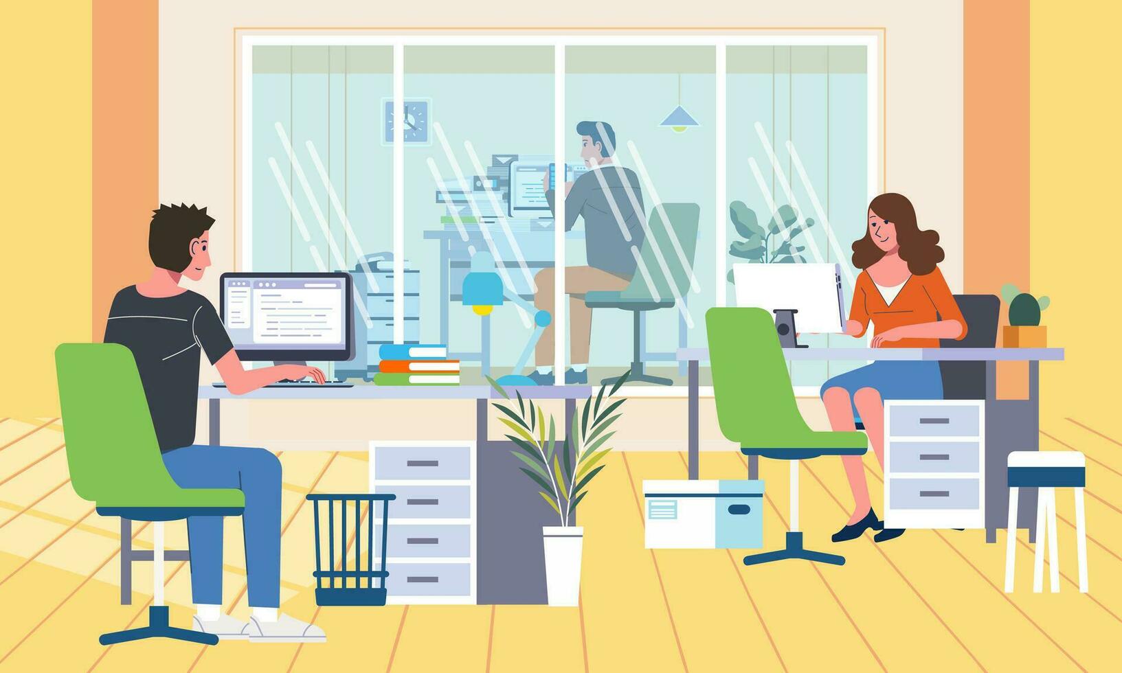 office interior with the director's room separate with other employee, all employee working in their desk flat vector illustration
