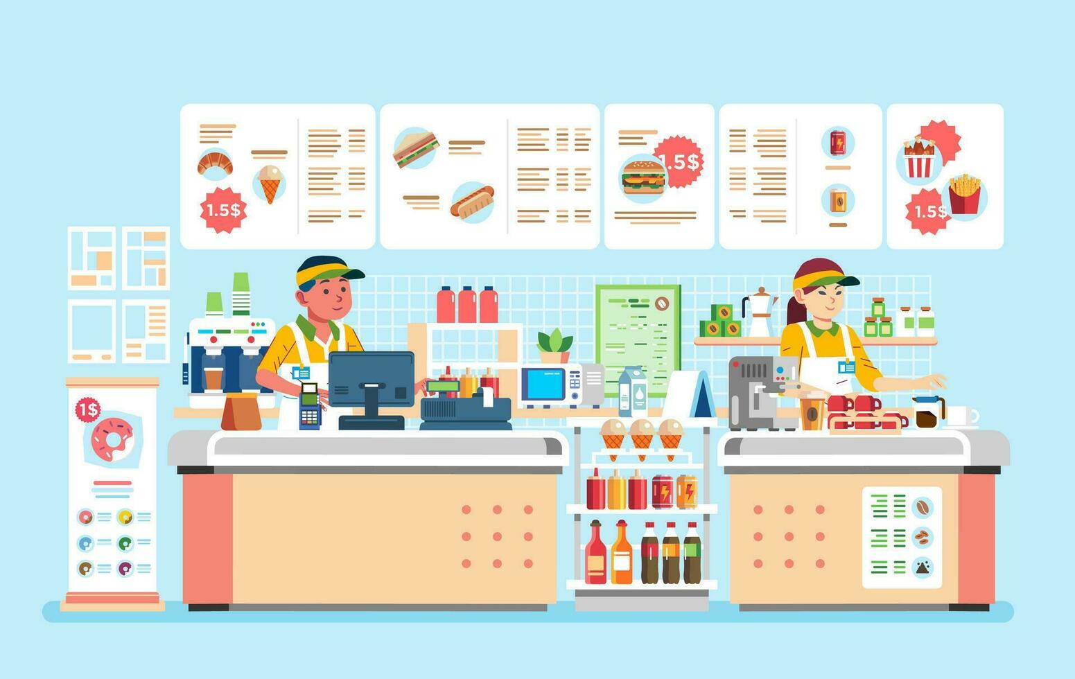 male and female cashier at fast food restaurant with hamburger, doughnout, hotdog, and many beverages vector illustration