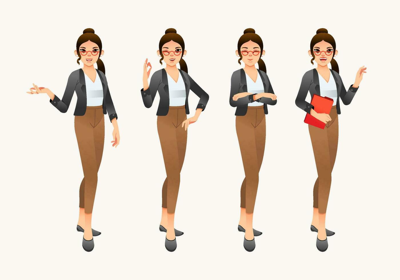 collection of young women wearing office suits, formal outfit and glasses vector illustration