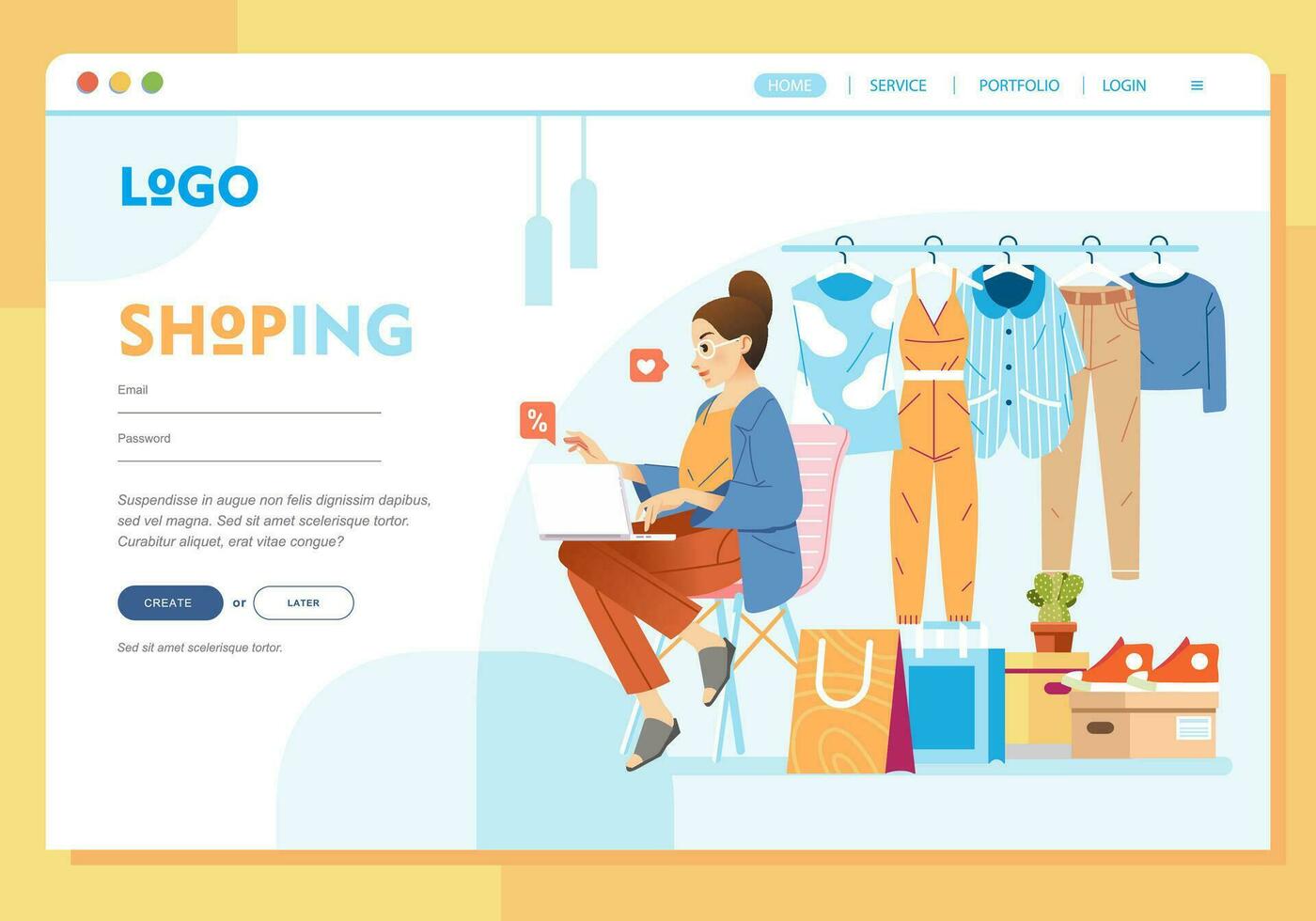 girl online shopping at home using laptop landing page flat vector illustration