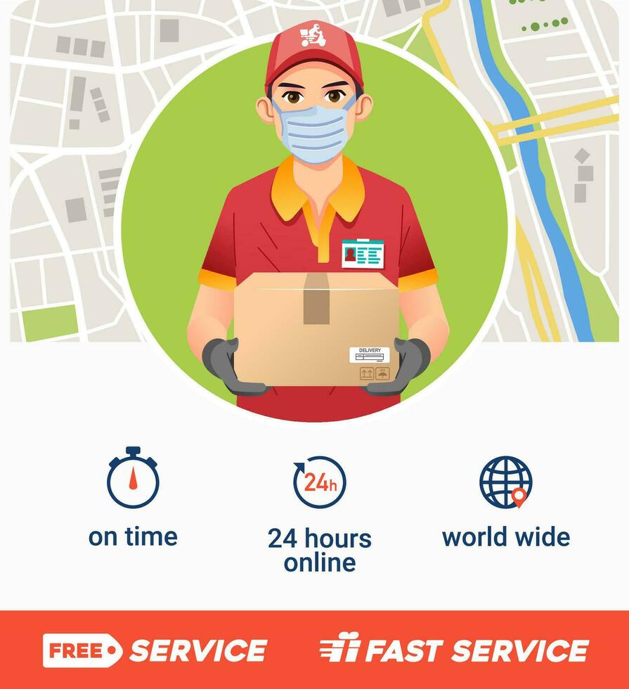 delivery service company poster with young man bring box as mascot and map as bakground vector illustration