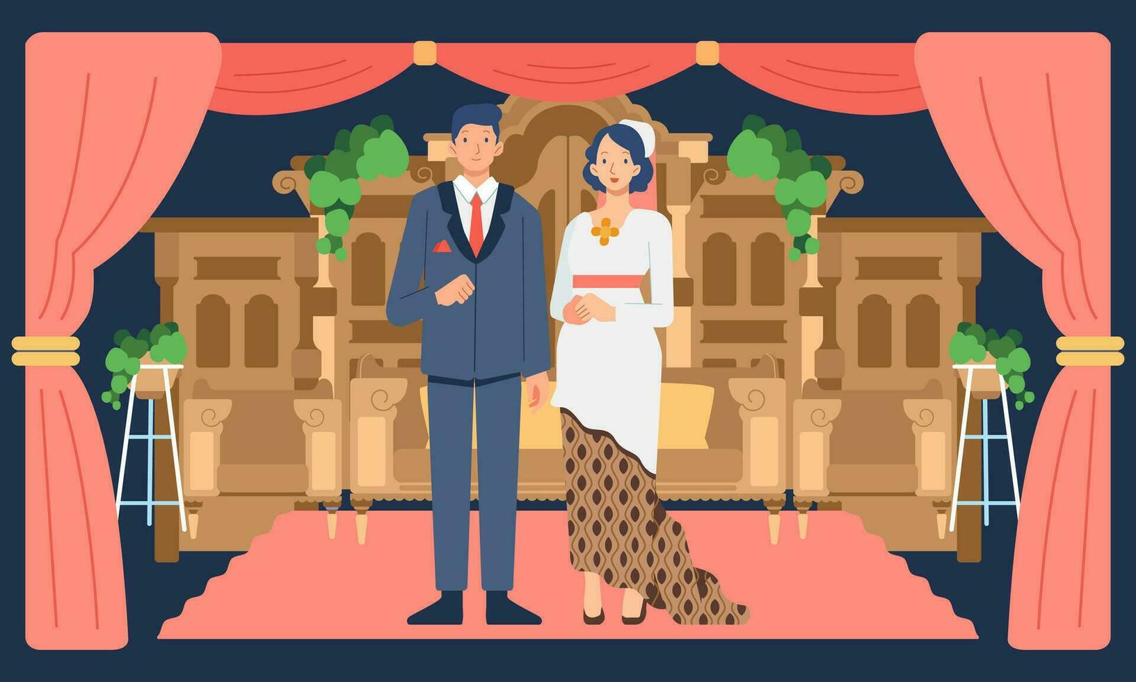 Bride and groom stand on the wedding stage in traditional international mixing dress, flat vector character