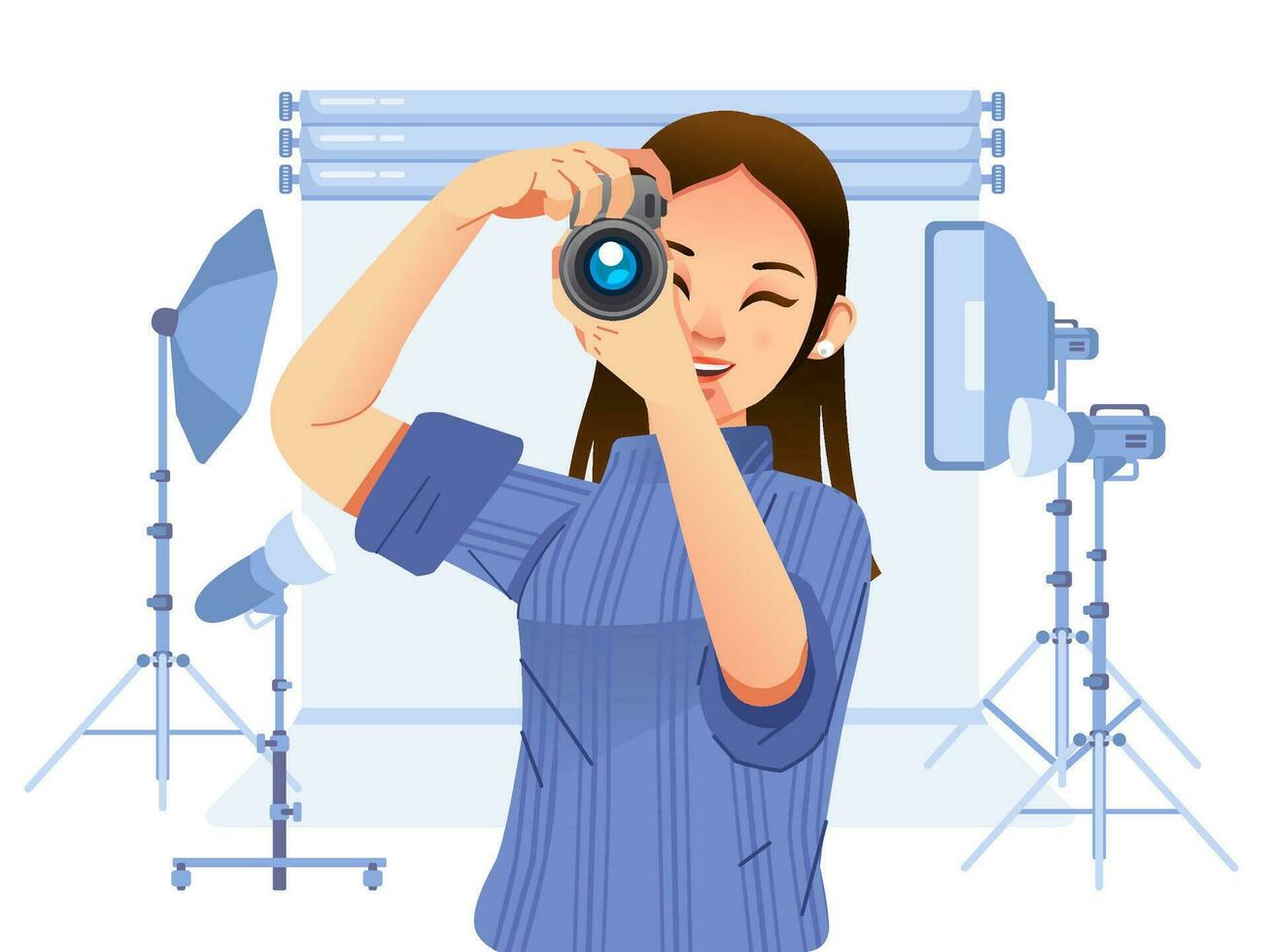 young pretty girl photographer taking a picture with digital camera in profesional studio with many equipment vector illustration