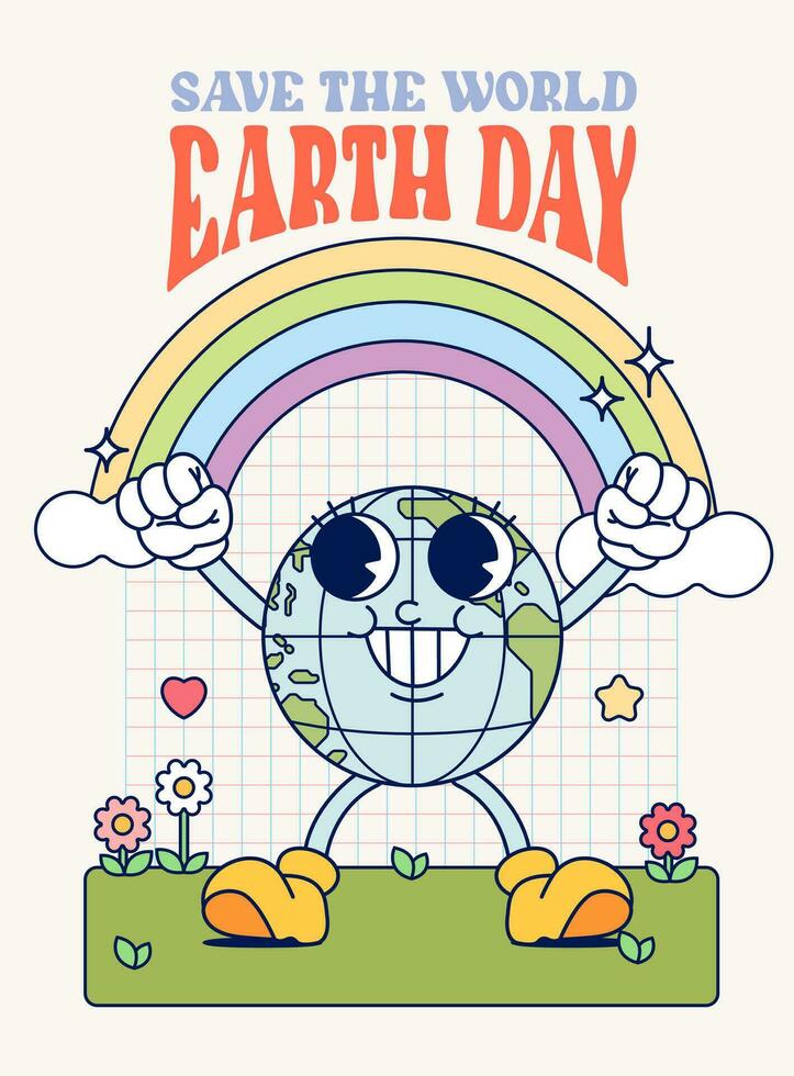 Funny vintage Retro trendy style Environment friendly earth day cartoon character Contemporary illustration Doodle Comic rainbow poster vector
