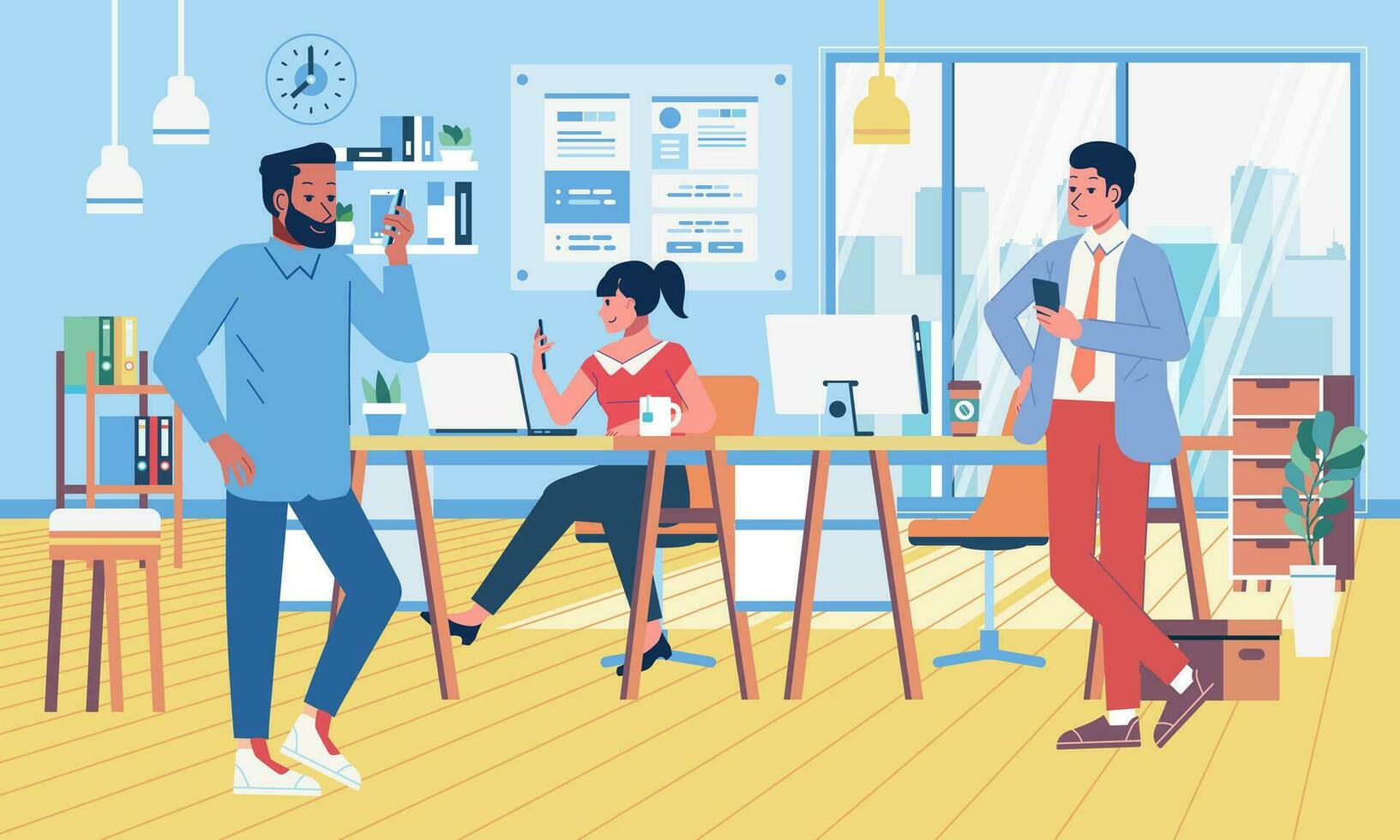 some office workers are busy with their smartphones in an office room, young millennial workers, office interior vector illustration