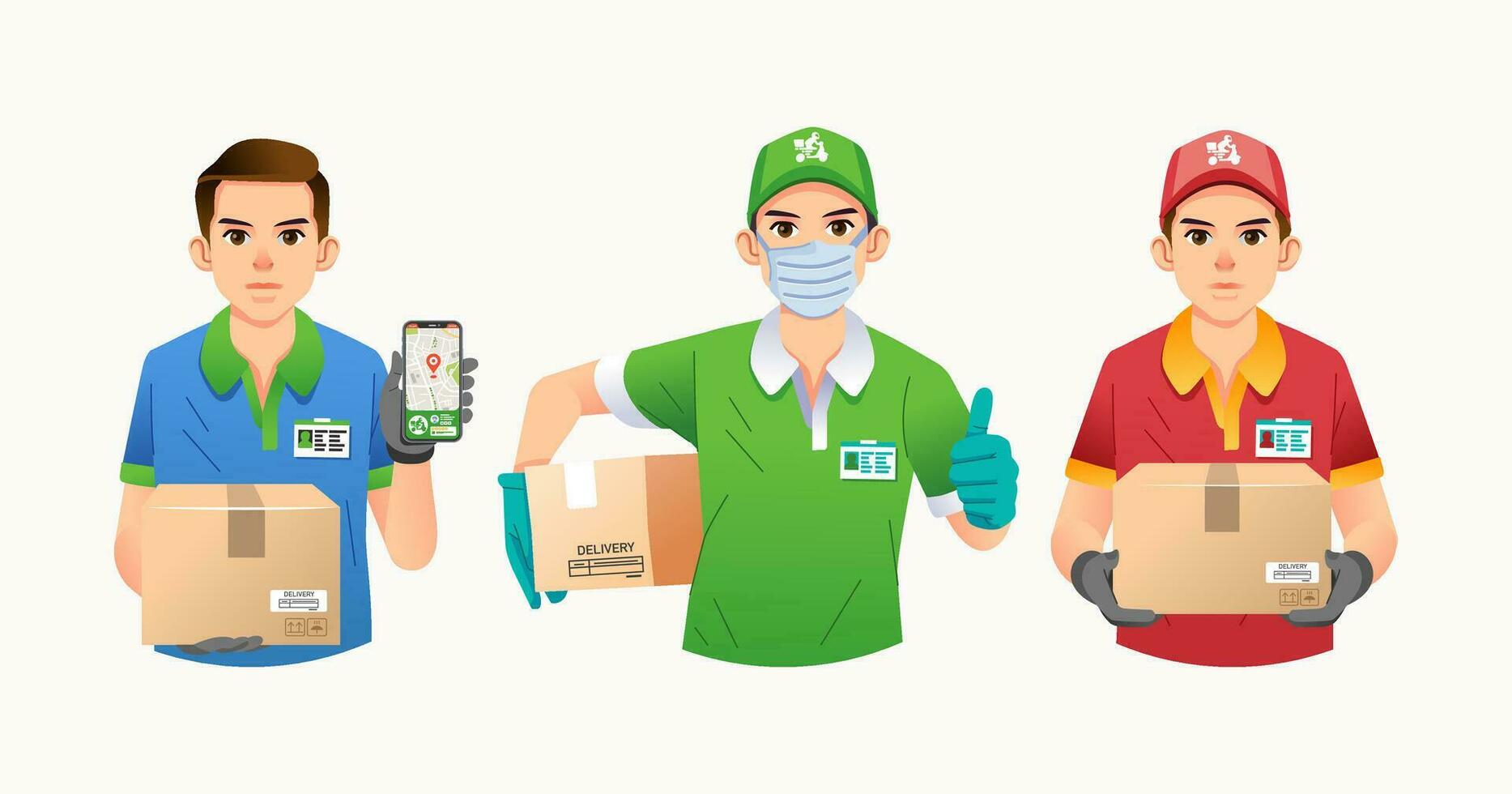 set of man as delivery service company mascot with different clothes and pose vector illustration