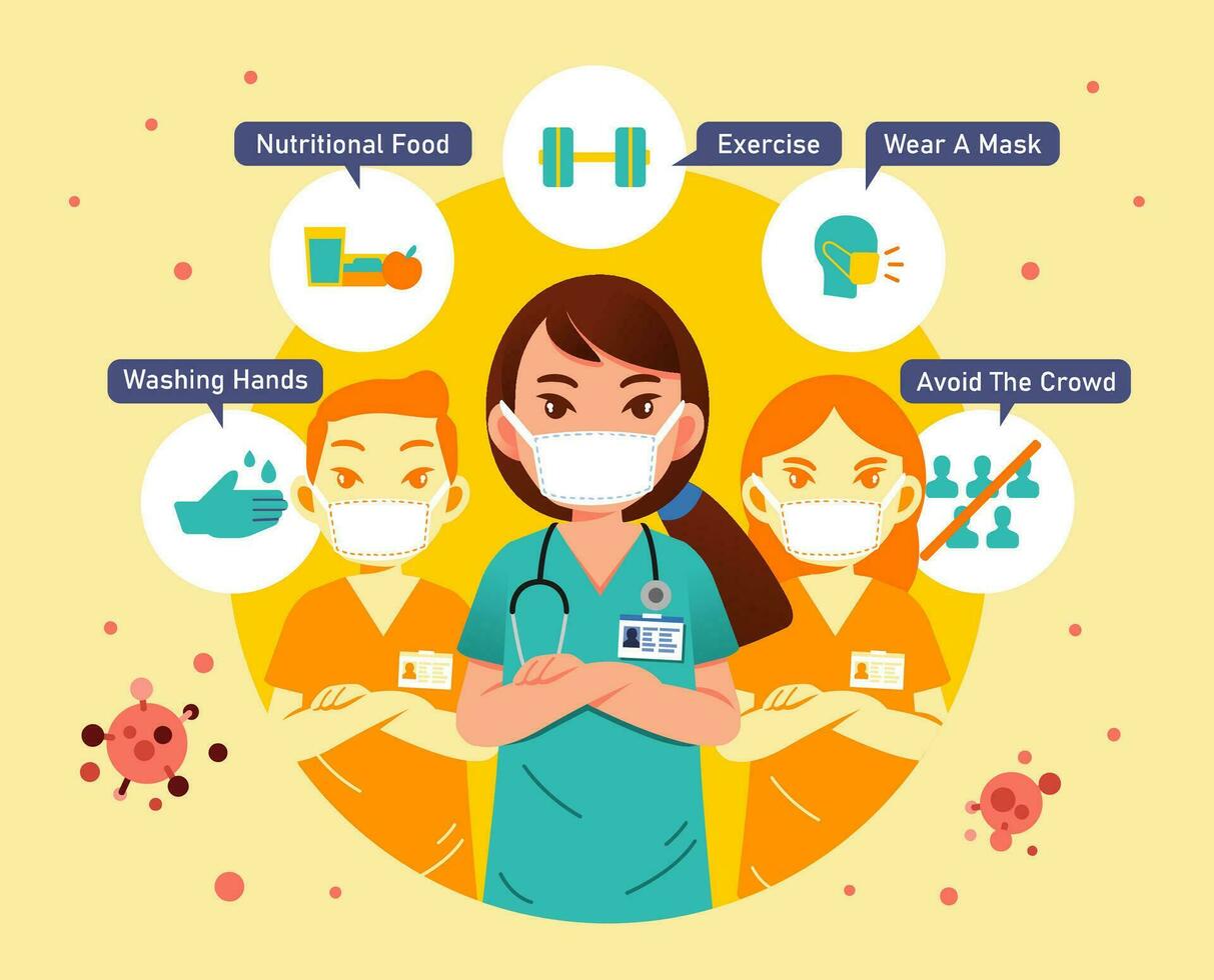 information poster for againts corona virus with medical character and information how to prevent the virus contagiousness flat style vector illustration