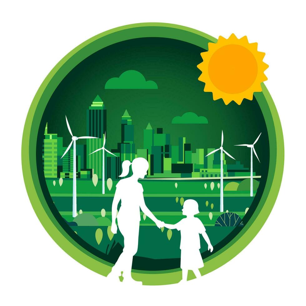 Silhouette of mother holding daughter Green eco friendly city landscape Ecology and environmental sustainable development vector