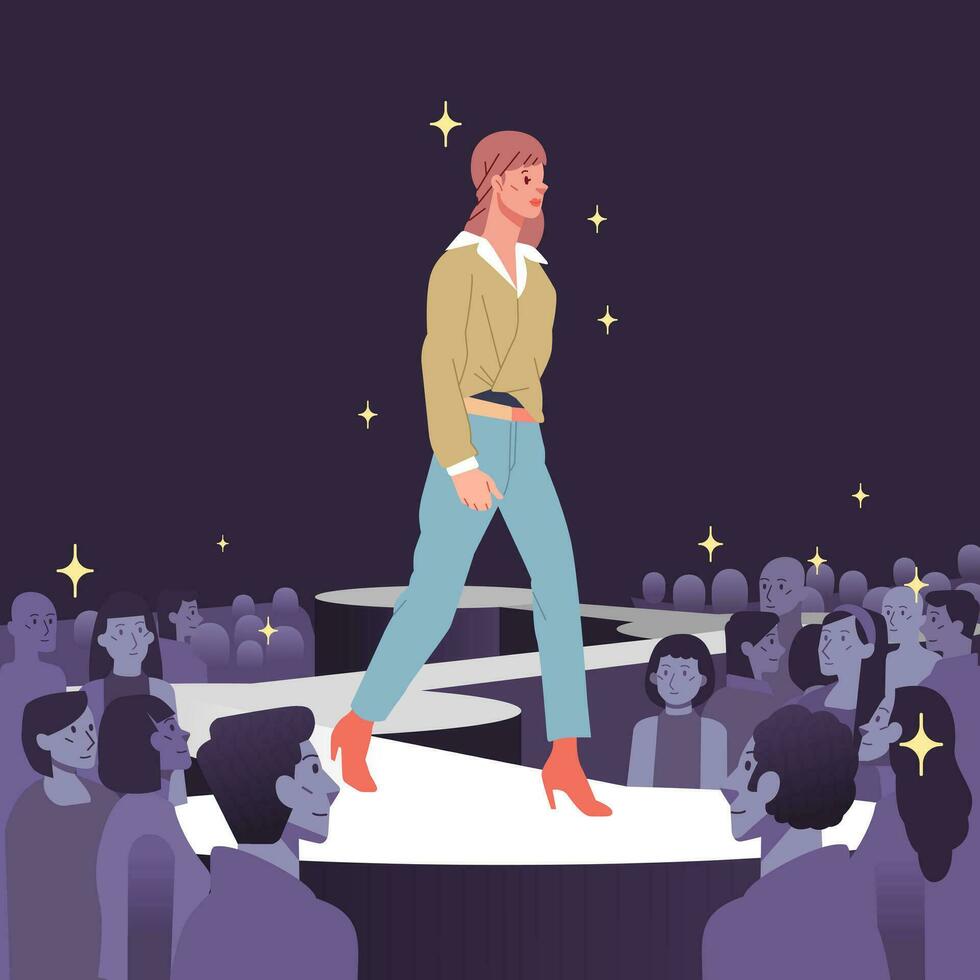 Fashion models showing represent new clothes outfit trendy modern stylish a women Posing walking on catwalk ramp stage runway. Audience crowd watching vector