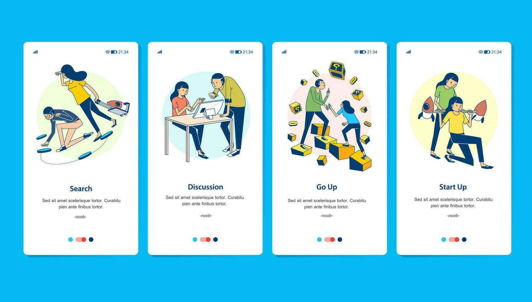 set vector illustration of start up process from searching, discussion, and growth to be a big company
