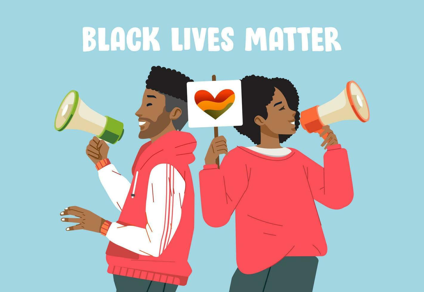 Man and woman with a megaphone protest. Black lives matter protester. Standing up for and defending rights and freedoms No Racism Concept.Fight for Right vector