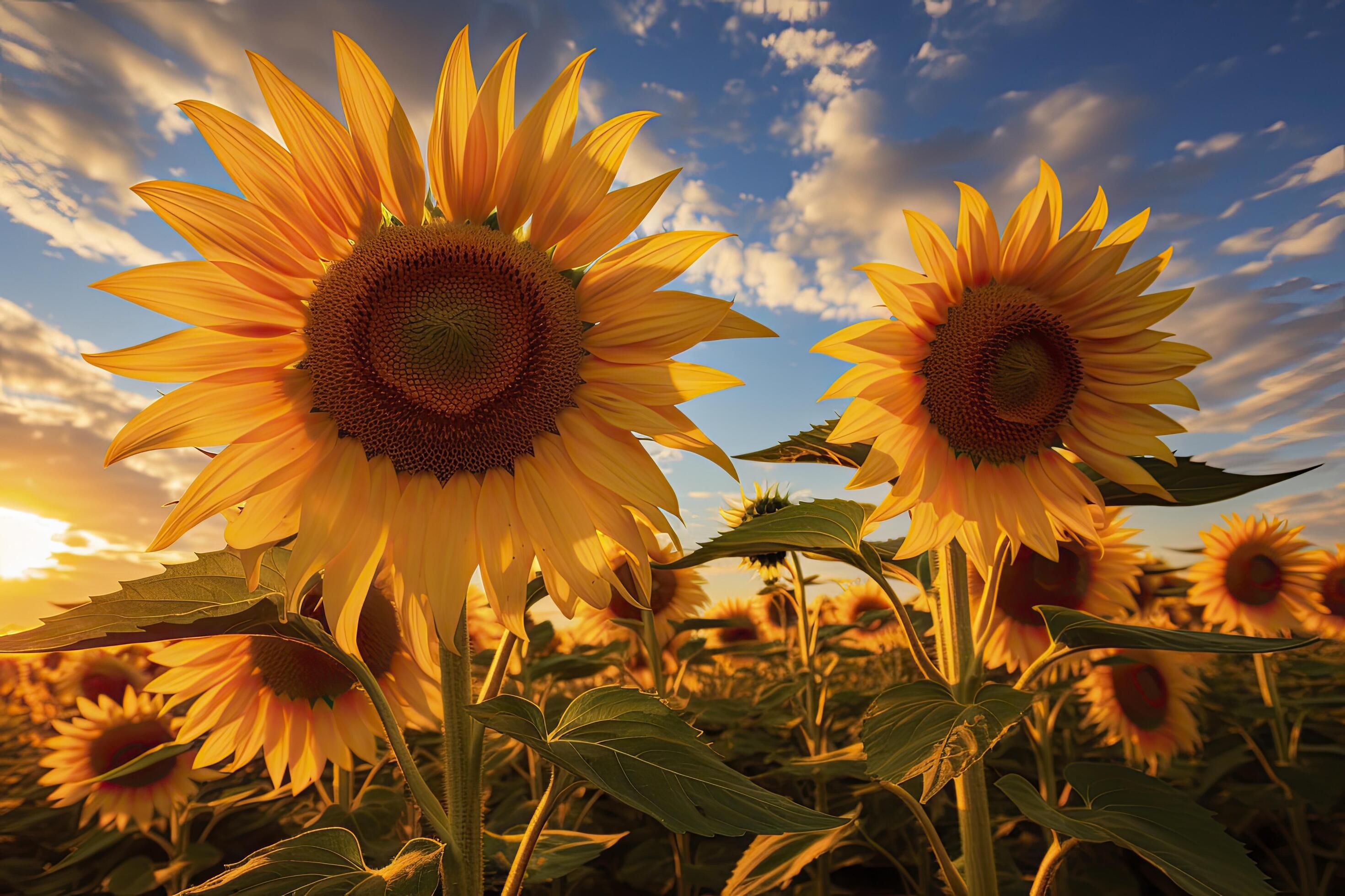 Sunflowers turning toward the sun in the soft morning light. AI