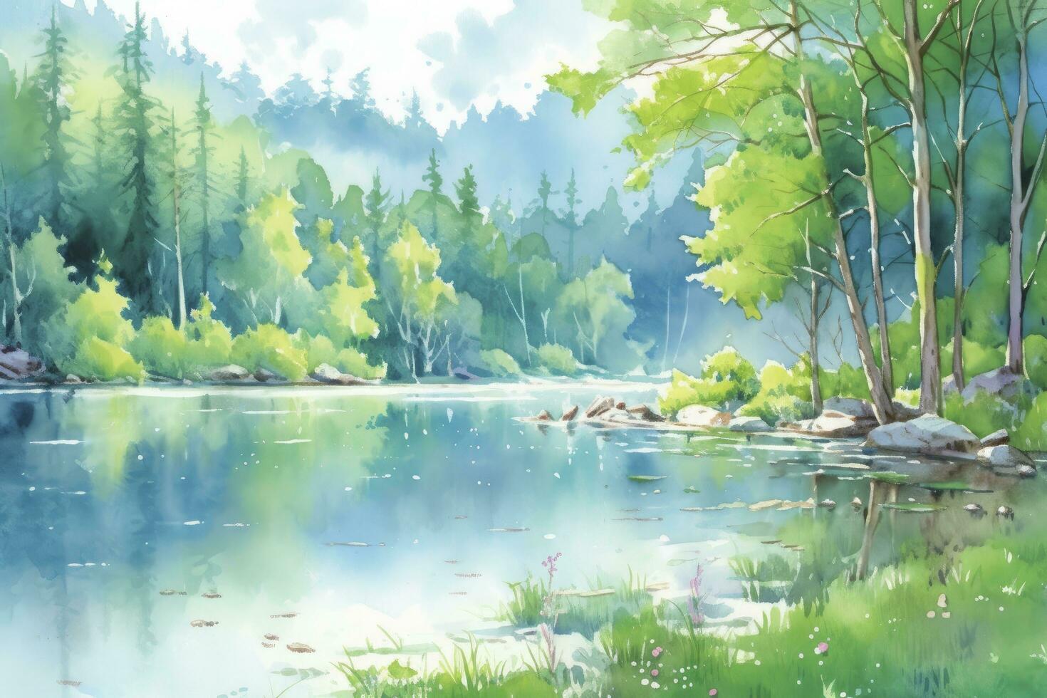 The serenity of a secluded forest lake.AI Generated photo