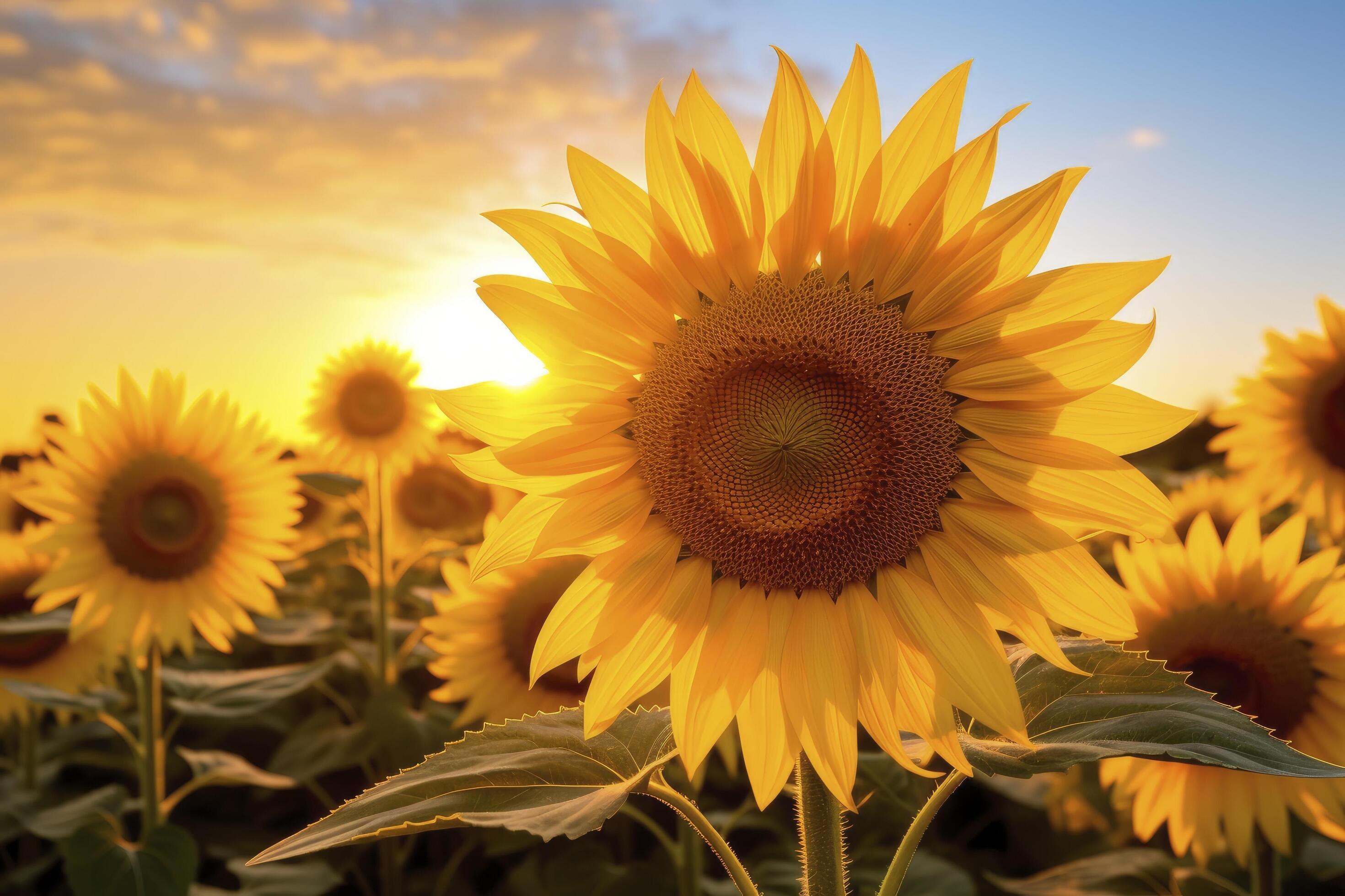 Sunflowers turning toward the sun in the soft morning light. AI