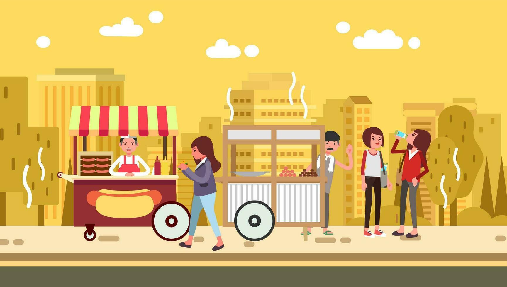 women walking in center of street food in summer vector illustration