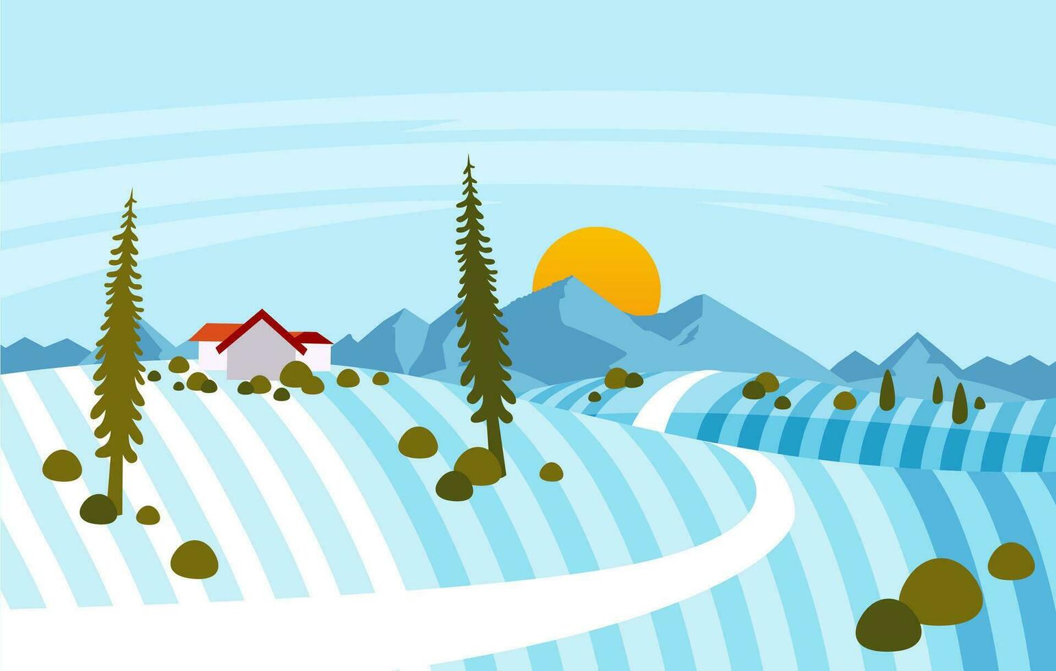 Winter Landscape illustration in suburban area, with house and mountain vector illustration