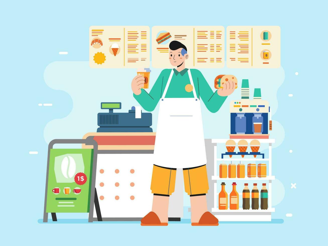 Young man character as a barista in apron holding cup and a fast food  in the coffee stall shop counter vector