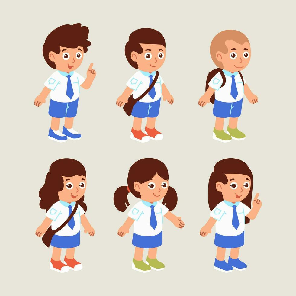 conjunto de elemental colegio estudiante personaje vistiendo uniforme con diferente actitud y facial expresión vector ilustración