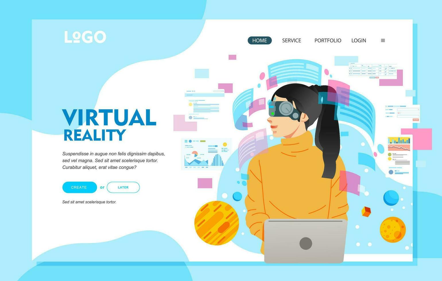 Virtual Reality glasses concept, with young women wearing virtual reality glasses while work with laptop. flat design vector illustration