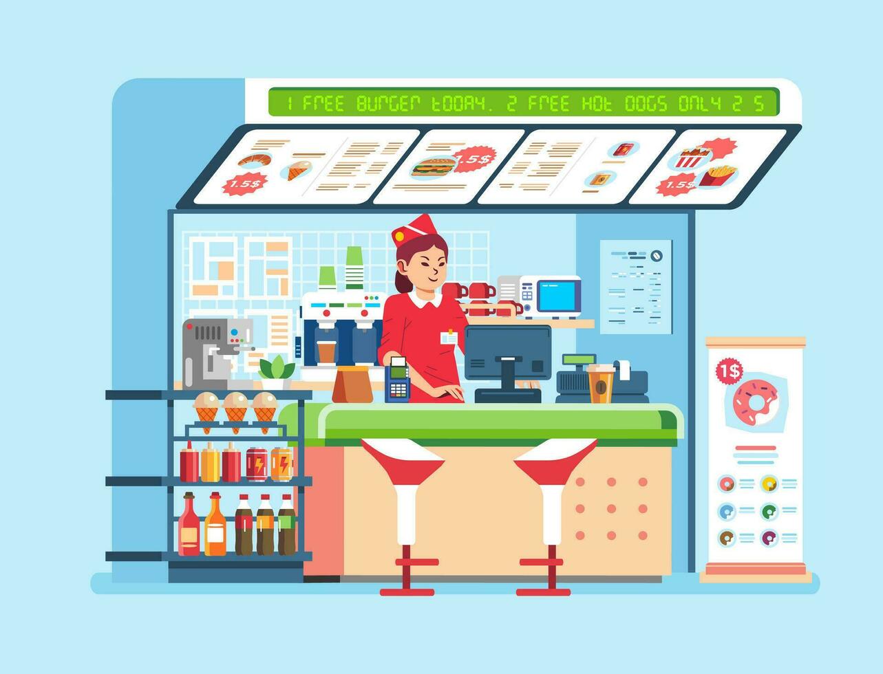 modern Fast food stand selling food and beverage, with young women shop assistant wearing uniform standing at the counter desk vector
