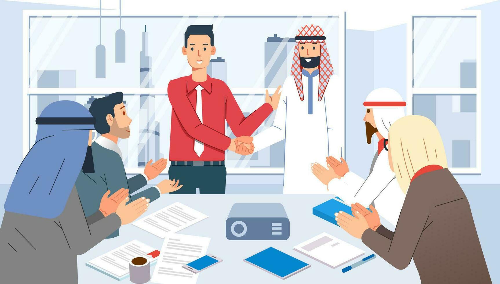 meeting business cooperation with Arabicbusinessman, gathering in meeting room vector illustration