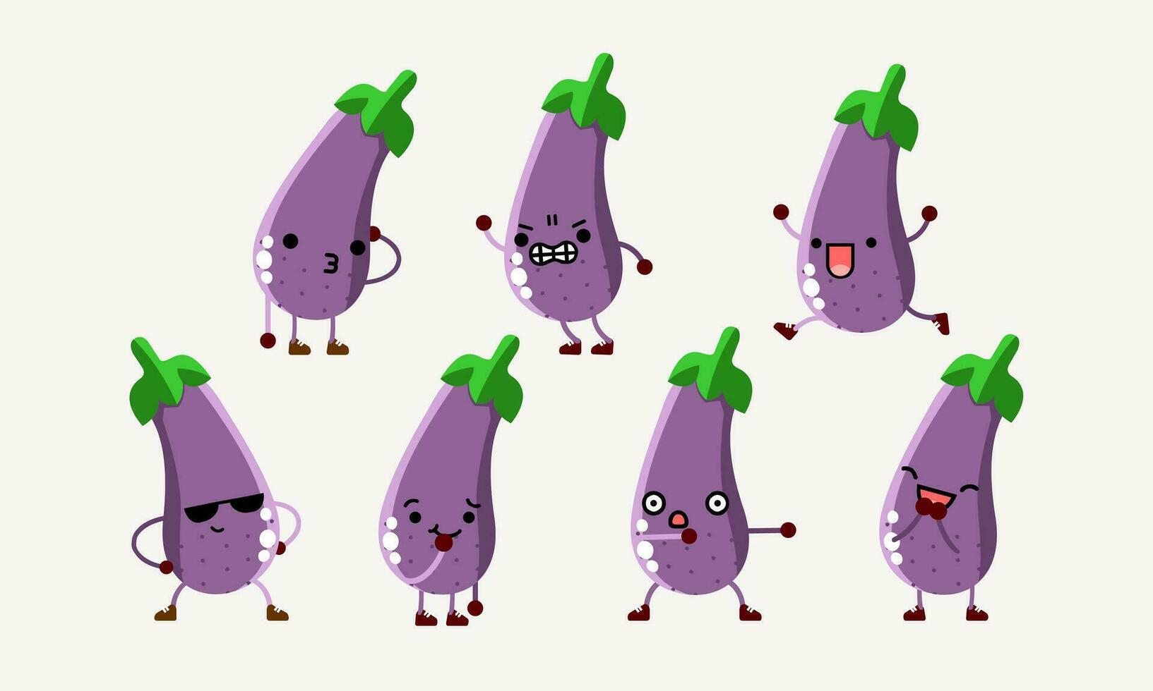 collection of cute eggplant character mascot illustration with different pose and facial expression vector