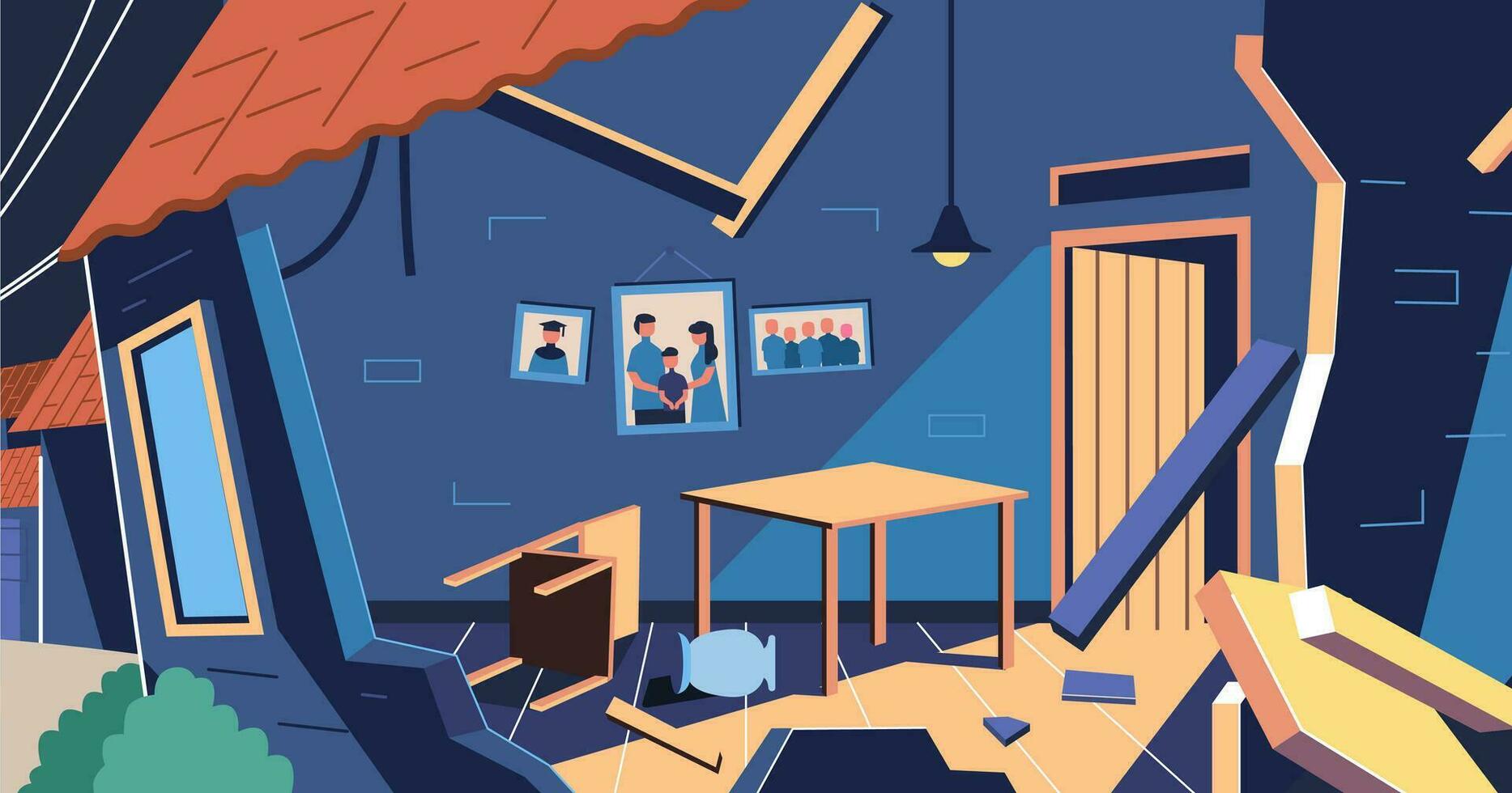 houses damaged by the earthquake, walls and furniture destroyed vector illustration