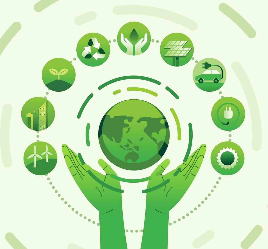 Hands raise globe world consumption with around icons Alternative Energy sources for renewable, sustainable development. conservation concept vector