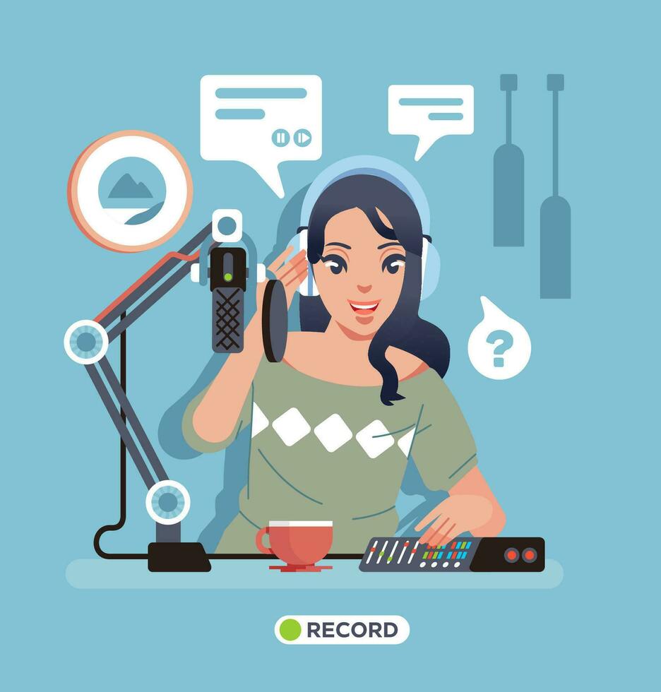 young women in solo podcast recording in the studio, with michrophone, equipment and coffee on the table vector