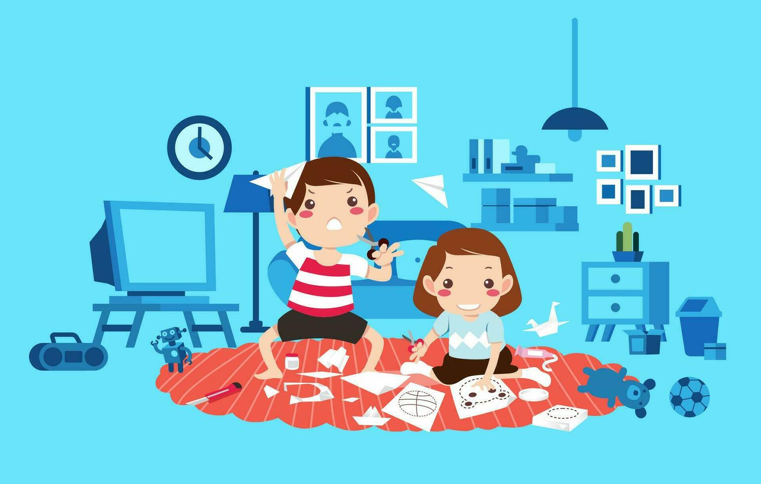 dos niños chico y niña jugando en el vivo habitación lleno de juguetes, el niños corte papel y haciendo papel avión ilustración vector