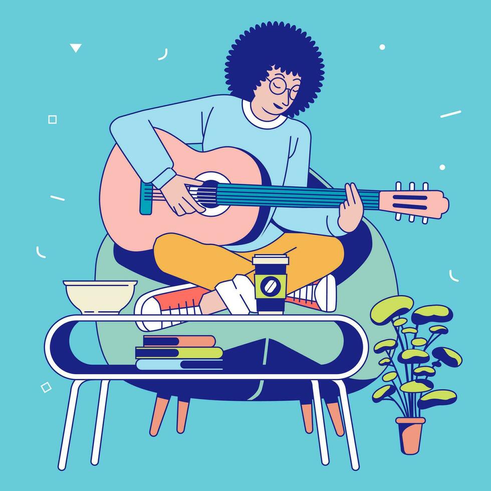 un joven afro músico jugando guitarra mientras cantando, sentado en el sofá y escritorio en frente de él vector ilustración
