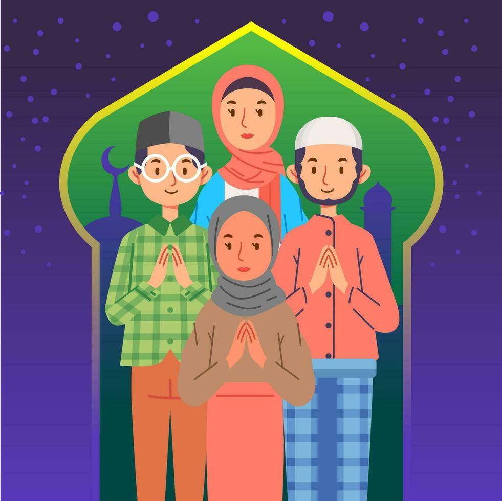 Young people group man dan woman apologizing character ramadhan eid mubarak vector