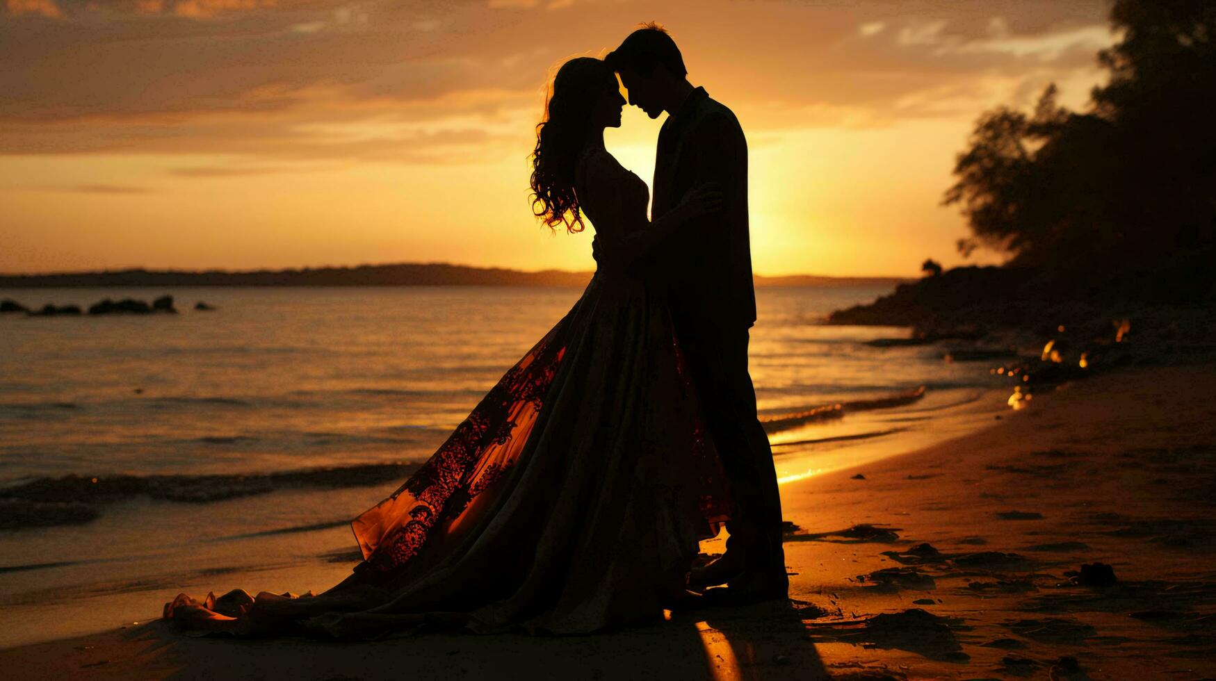 Silhouette of a couple of newlyweds in love at sunset against the background of a river, the concept of wedding and love photo